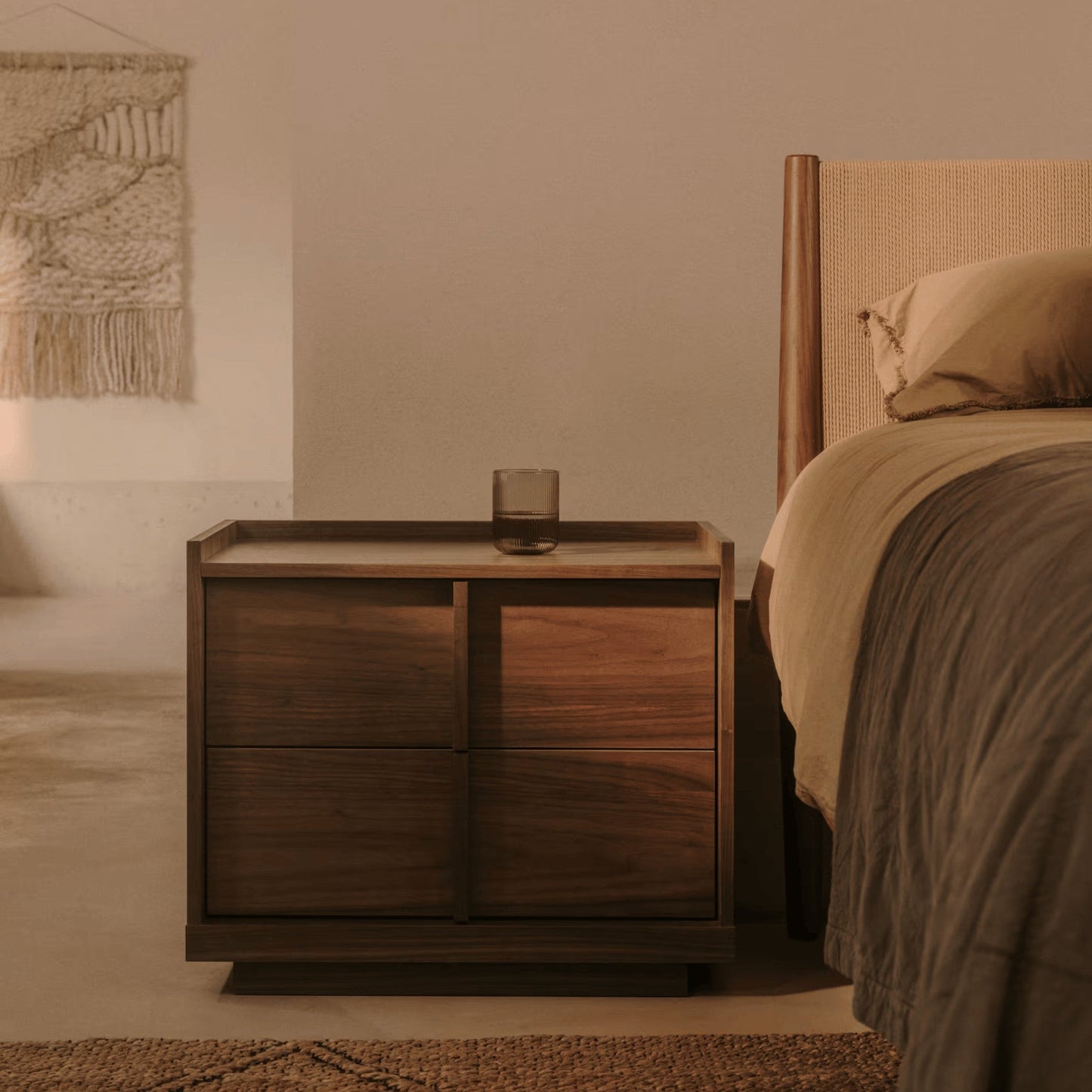 Solid Wood Beside Table with 2 Drawers in Walnut Finish