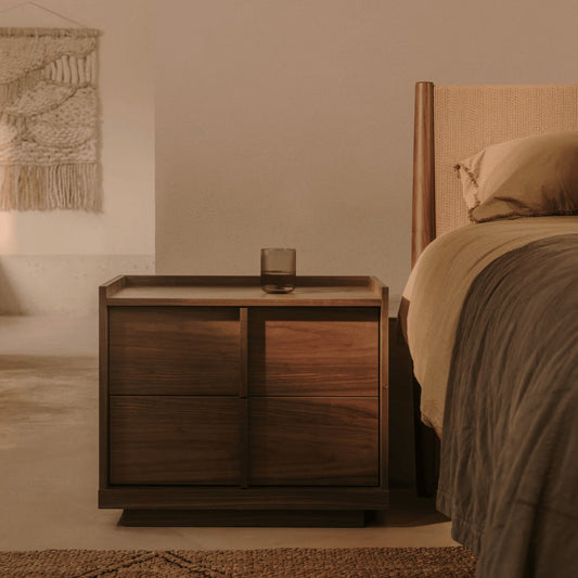 Solid Wood Beside Table with 2 Drawers in Walnut Finish