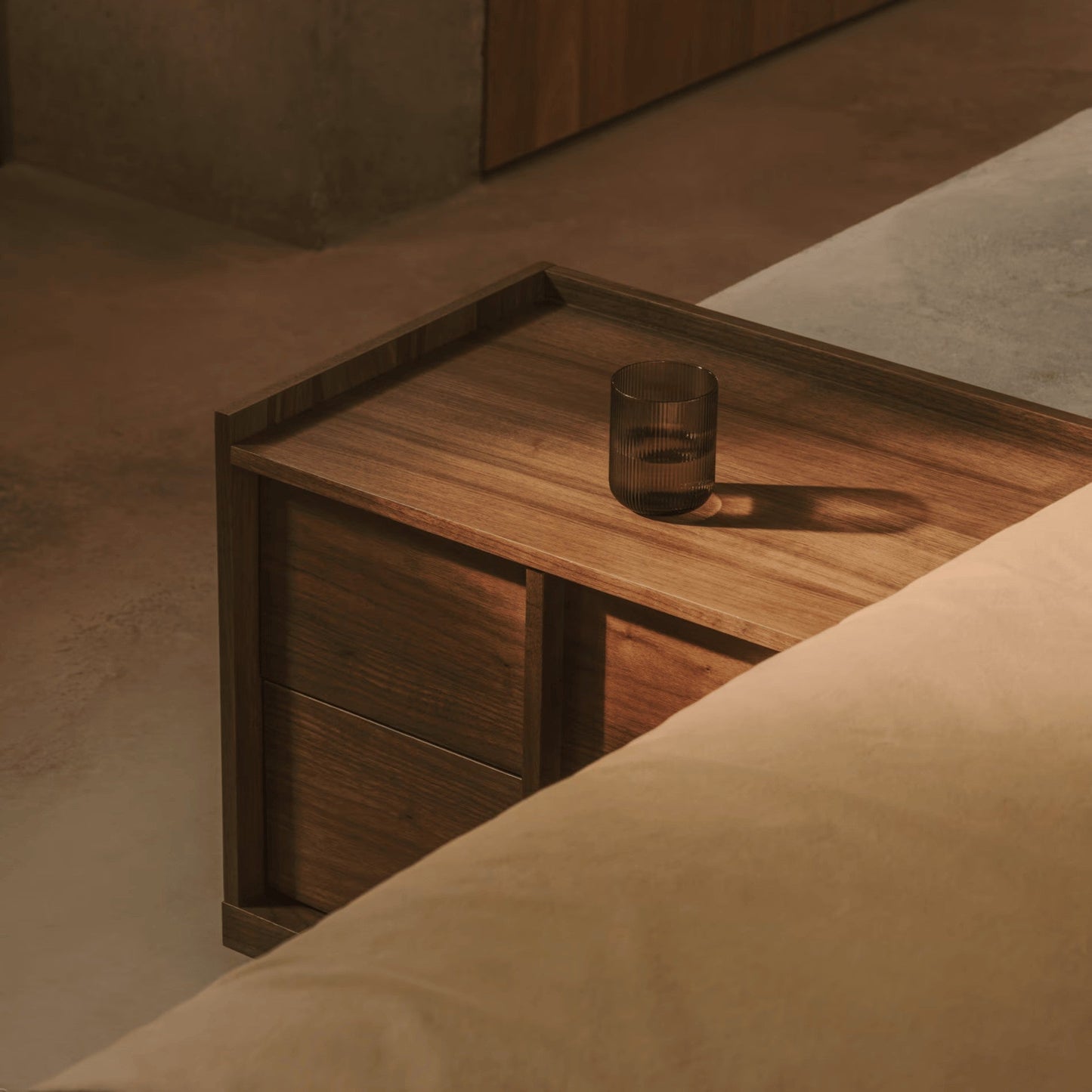 Solid Wood Beside Table with 2 Drawers in Walnut Finish