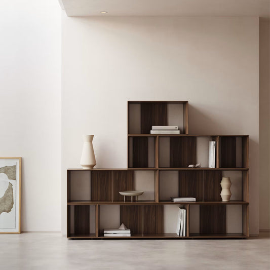 Solid Wood Adjustable Bookshelf for Living Storage in Walnut Finish