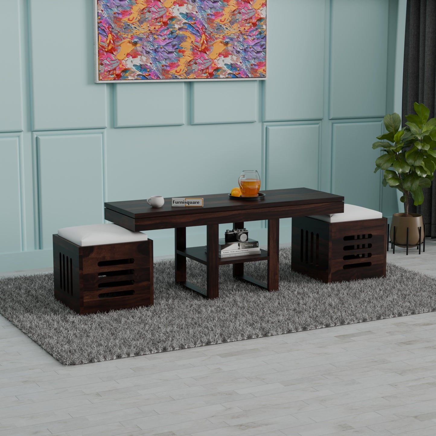 Wooden Coffee Table with Stool for Living Room