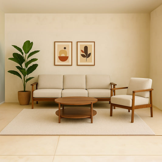 Solid Wood Round Coffee Table with Double Shelf