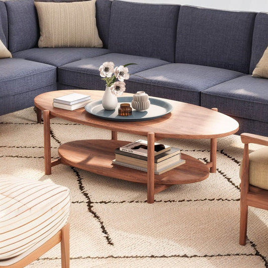Wooden Coffee Table with Double Shelf in Walnut Finish