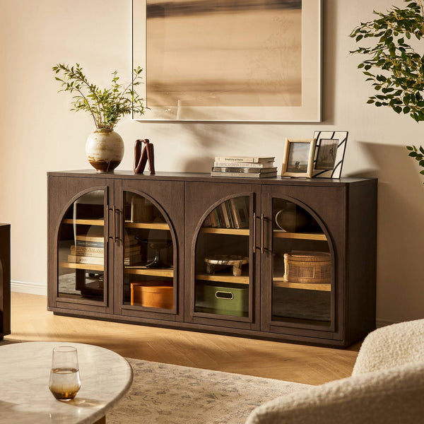 Wooden Glass Door Sideboard with Interior Shelving for Living Room