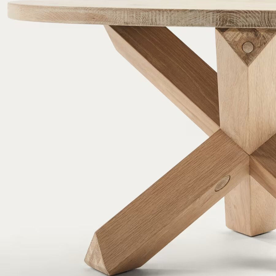 Wooden Round Coffee Table with Geometric Pedestal Base