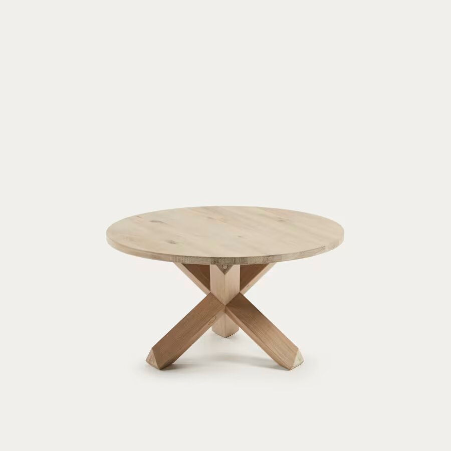 Wooden Round Coffee Table with Geometric Pedestal Base
