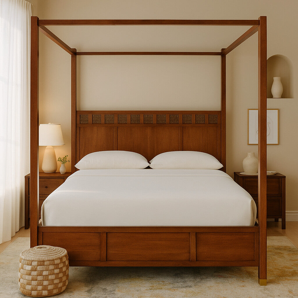 Wooden Poster Bed with Carved Wood Headboard for Bedroom