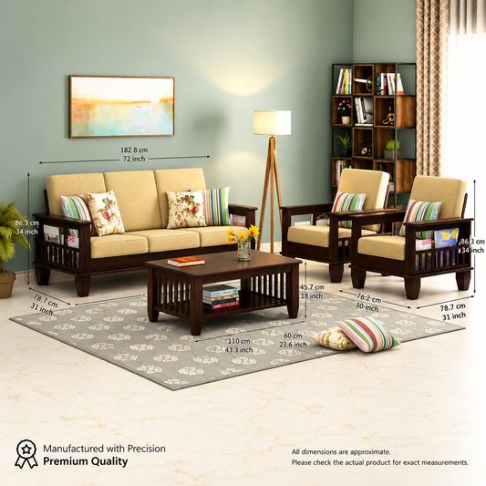 Solid Sheesham Wood 5 Seater Sofa Set with Cushions for Living Room