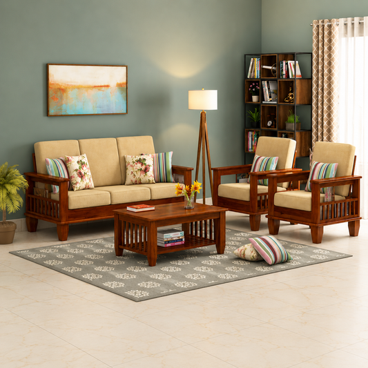 Wooden 5 Seater Sofa Set with Cushions for Living Room