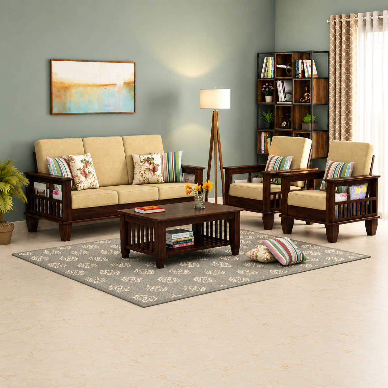 Solid Sheesham Wood 5 Seater Sofa Set with Cushions for Living Room