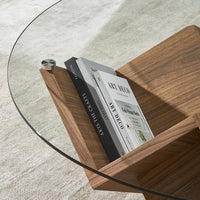 Solid Wood Round Glass Coffee Table with Geometric Wood Base