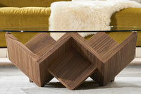 Solid Wood Round Glass Coffee Table with Geometric Wood Base
