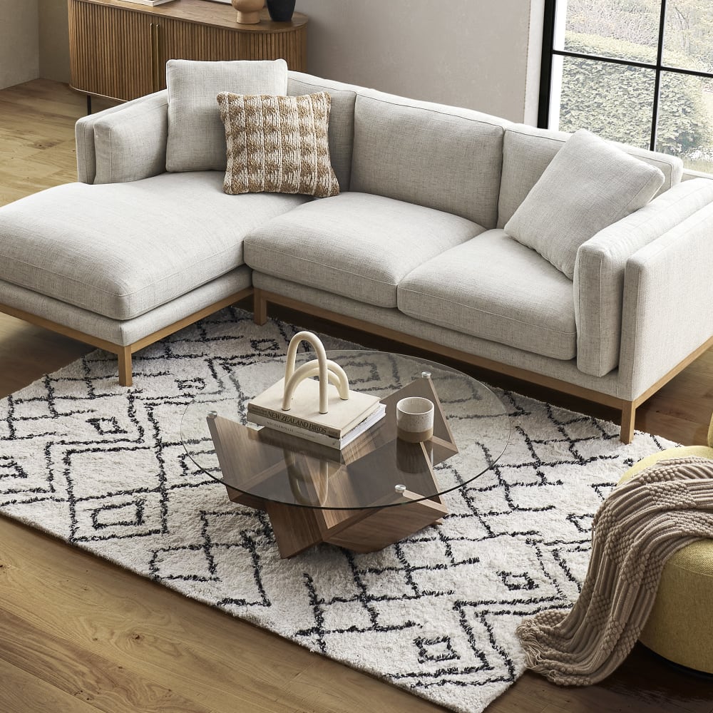 Solid Wood Round Glass Coffee Table with Geometric Wood Base