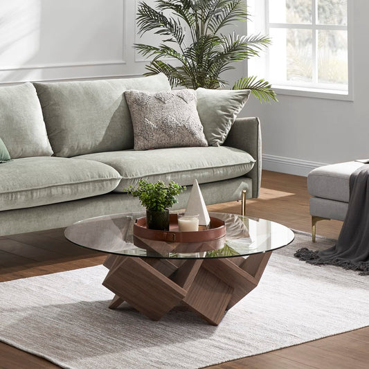 Solid Wood Round Glass Coffee Table with Geometric Wood Base