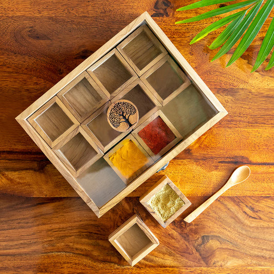Solid Wood Spice Box with Spoon