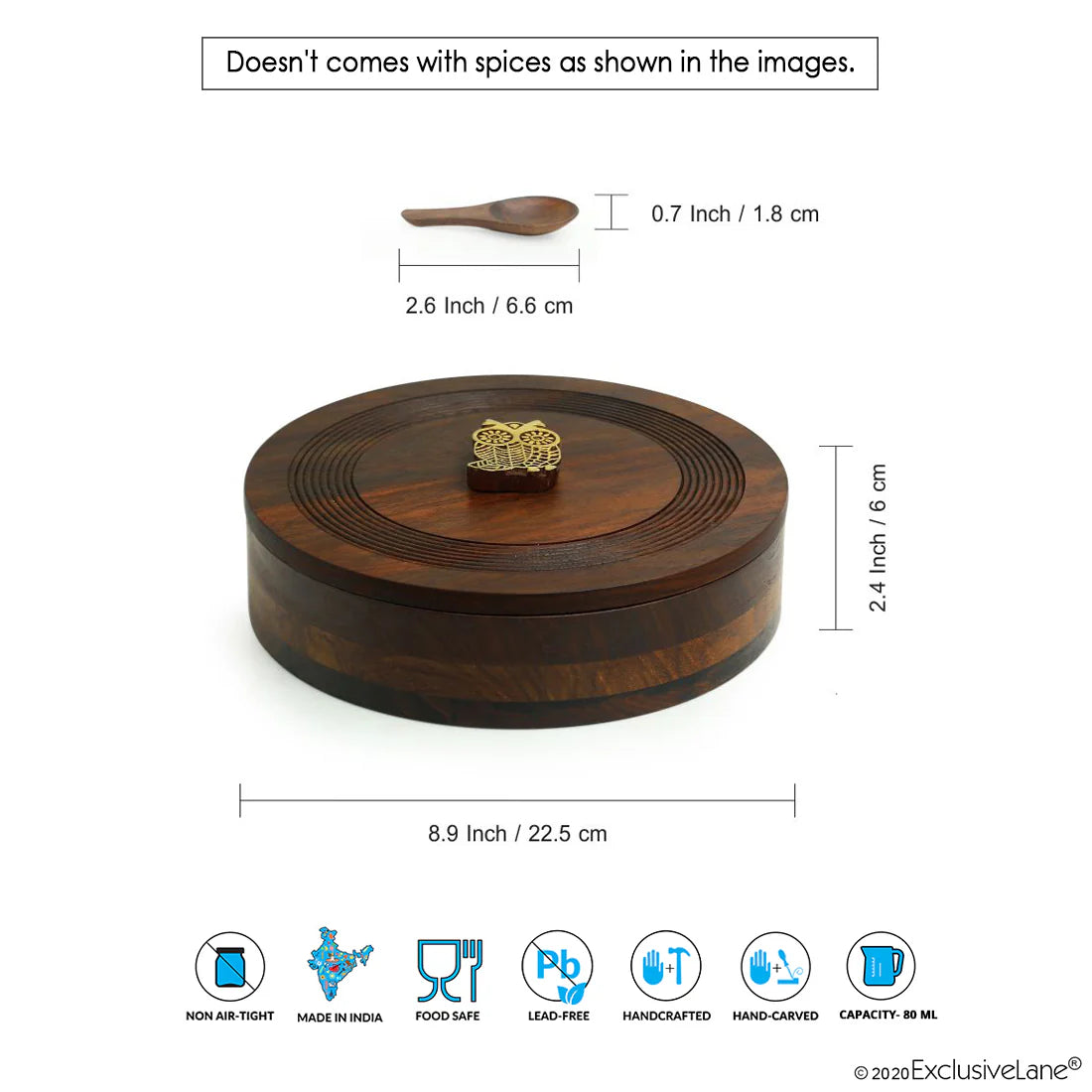 Sheesham Wood Hand Carved Spice Box with Spoon