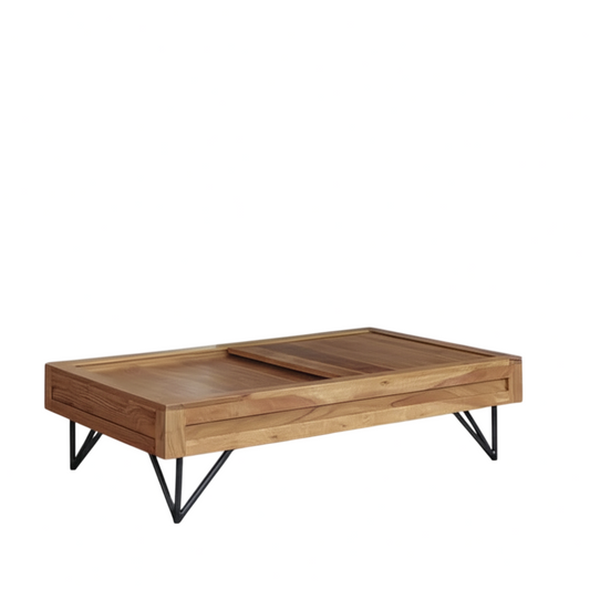 Solid Wood Coffee Table with Slide-Top Storage & Metal Legs