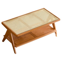 Wooden Coffee Table with Rattan Insert & Storage