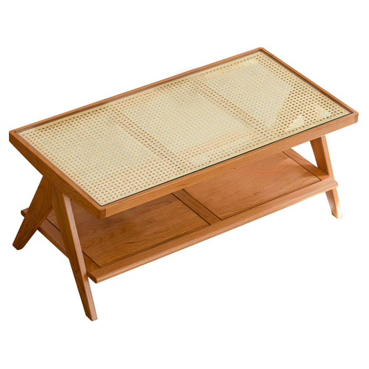 Wooden Coffee Table with Rattan Insert & Storage