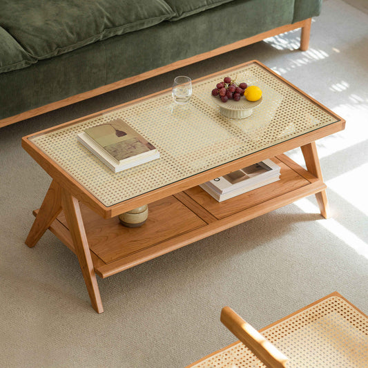 Wooden Coffee Table with Rattan Insert & Storage