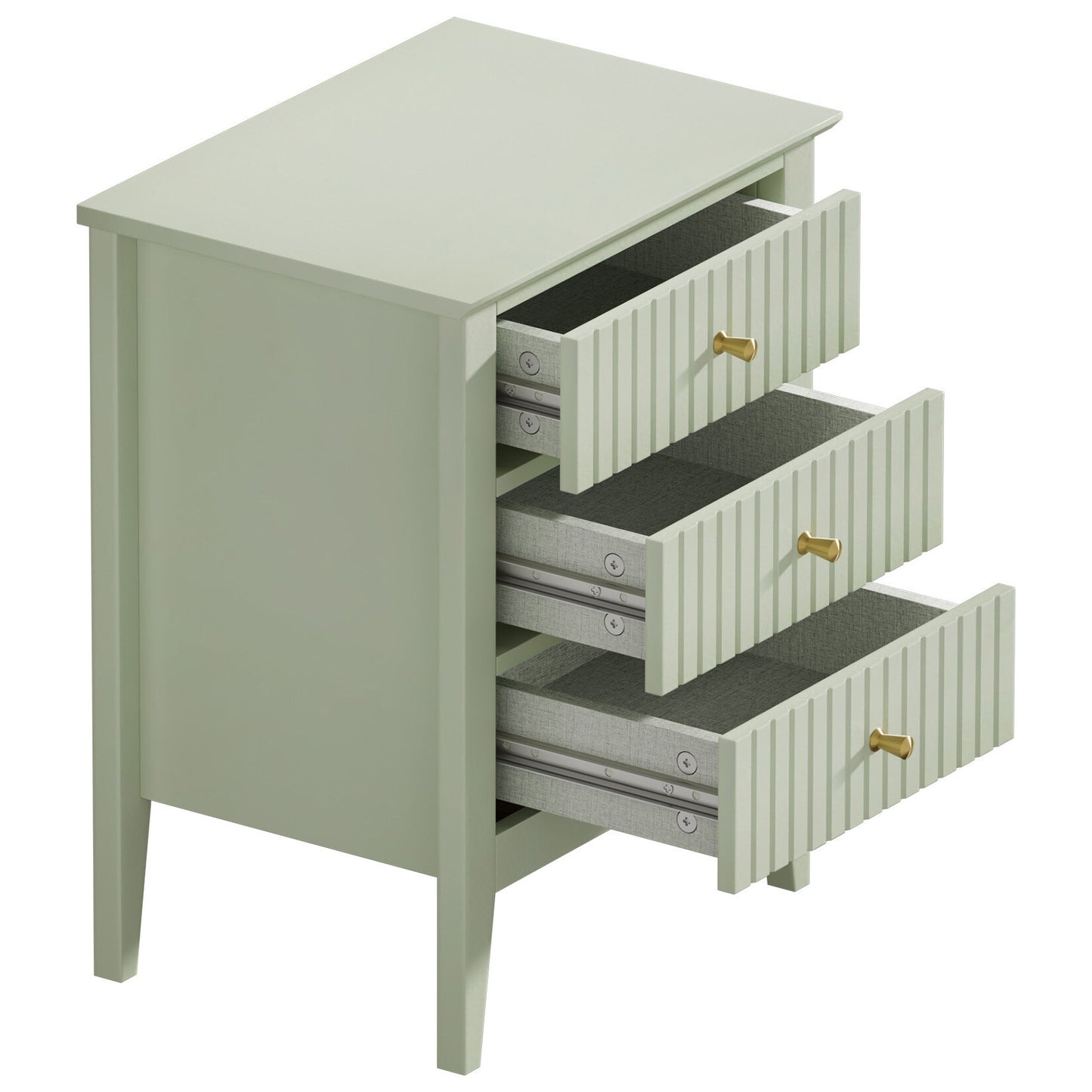 Solid Wood Bedside Table with 3 Drawers in Light Green Finish