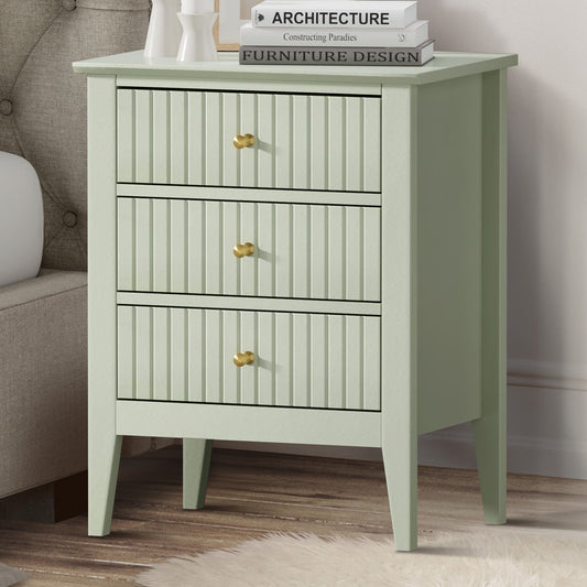 Solid Wood Bedside Table with 3 Drawers in Light Green Finish