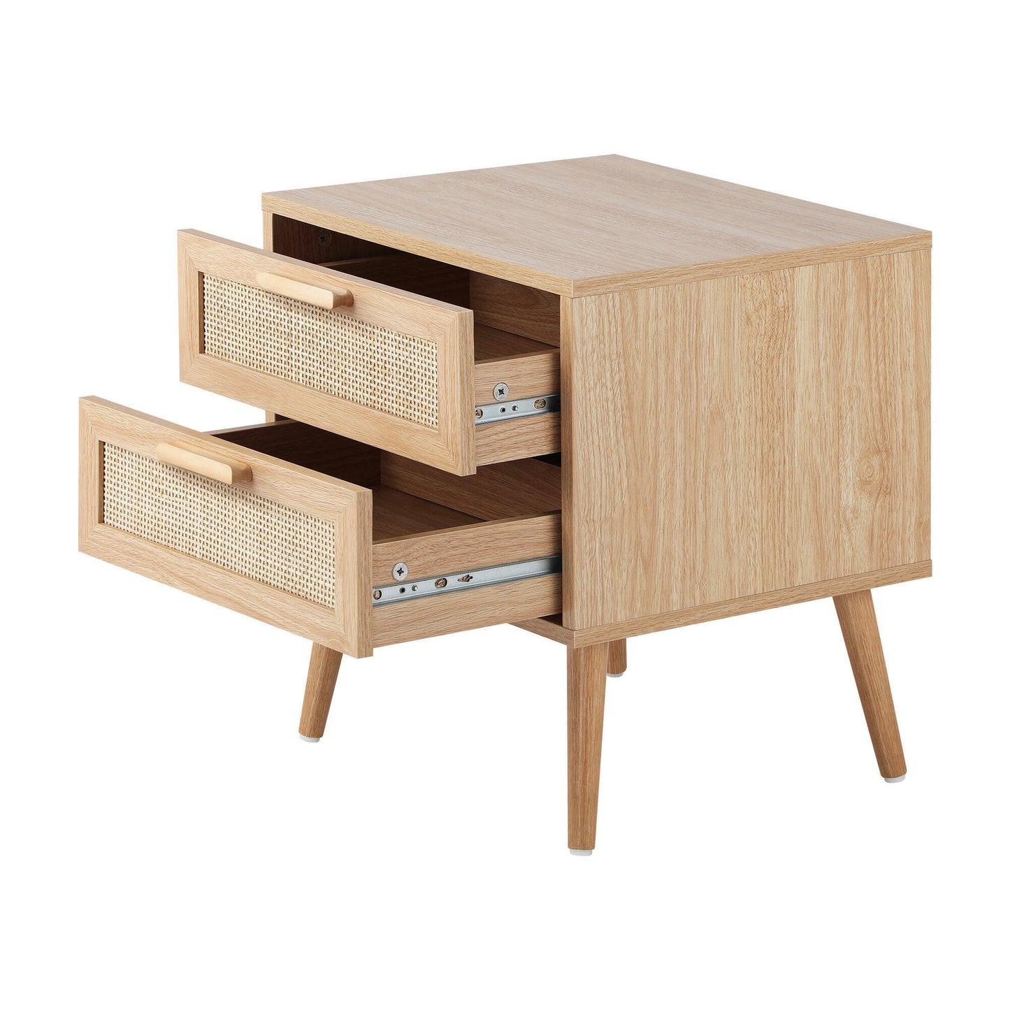 Wooden Bedside Table with Rattan Drawer Storage for Bedroom