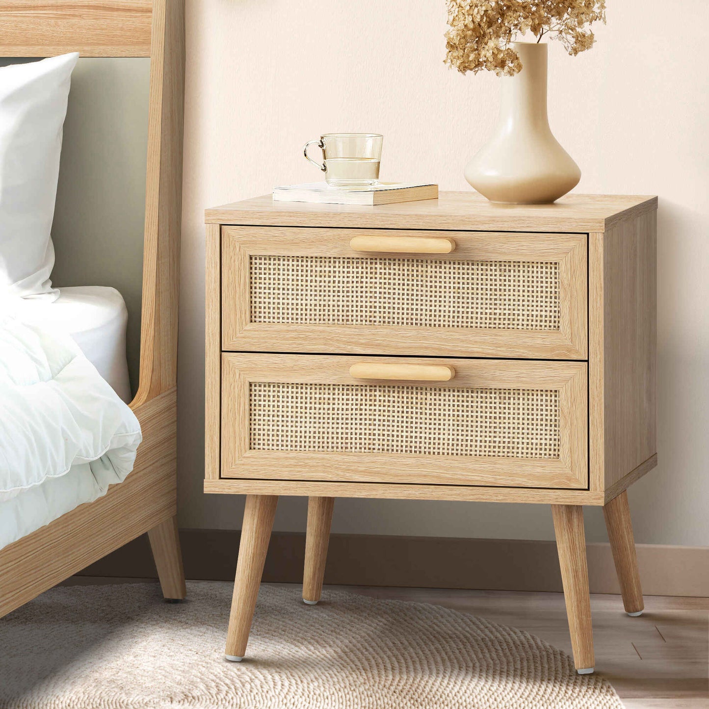 Wooden Bedside Table with Rattan Drawer Storage for Bedroom