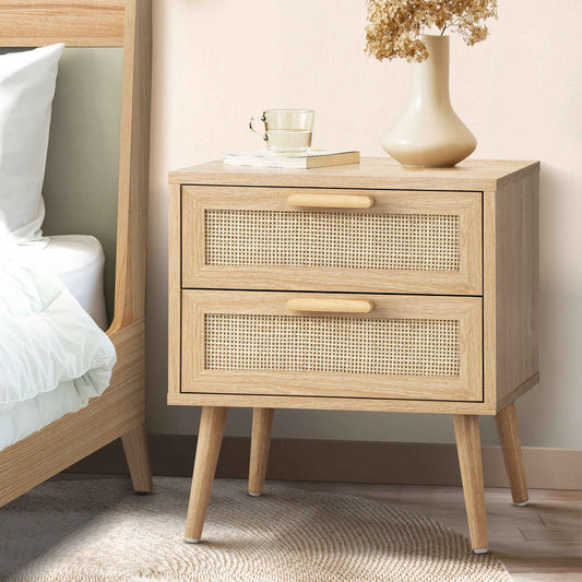 Wooden Bedside Table with Rattan Drawer Storage for Bedroom