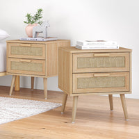 Wooden Bedside Table with Rattan Drawer Storage for Bedroom
