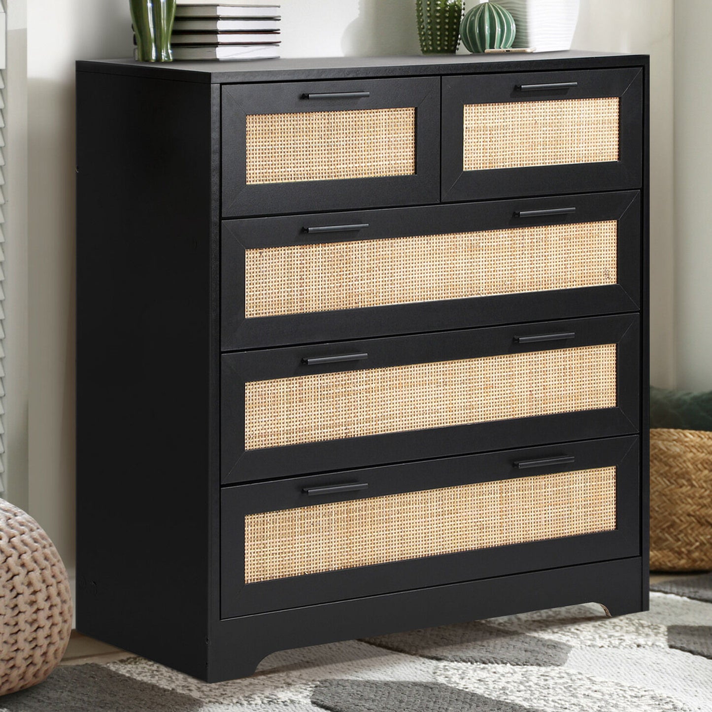 Solid Wood Chest of Drawer for Living Storage in Black Finish