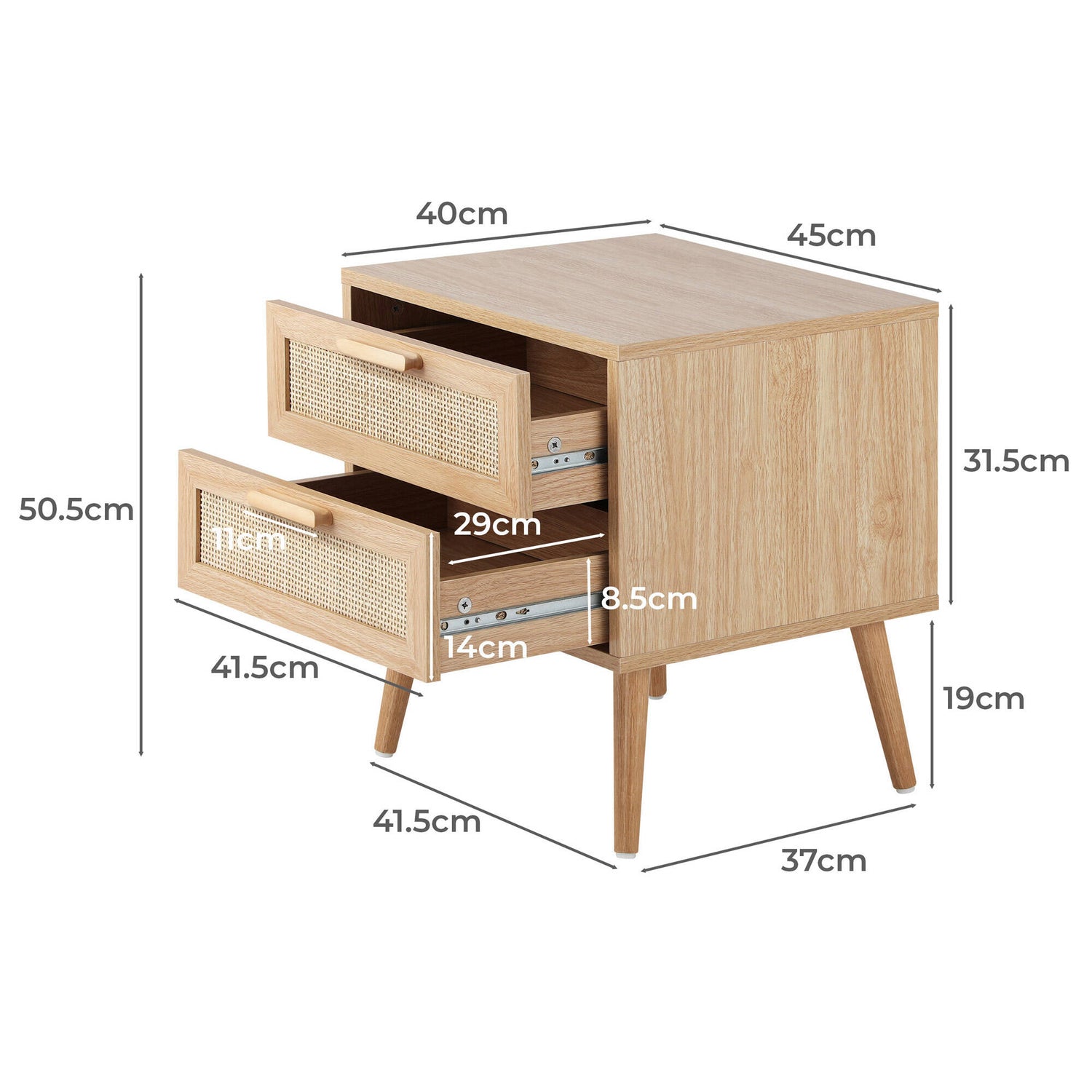 Wooden Bedside Table with Rattan Drawer Storage for Bedroom