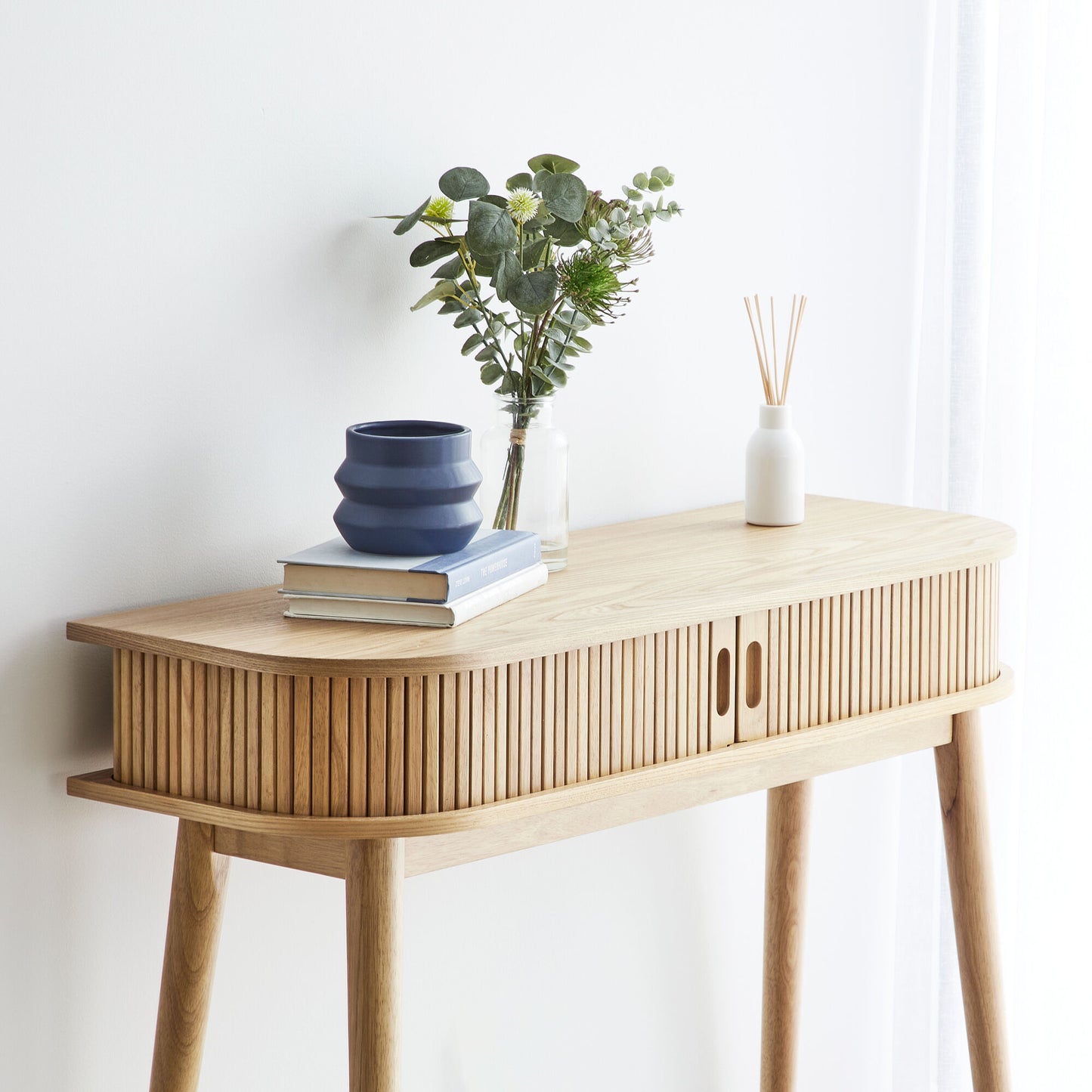 Solid Wood Console Table with Slatted Sides & Open Shelf