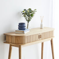 Solid Wood Console Table with Slatted Sides & Open Shelf