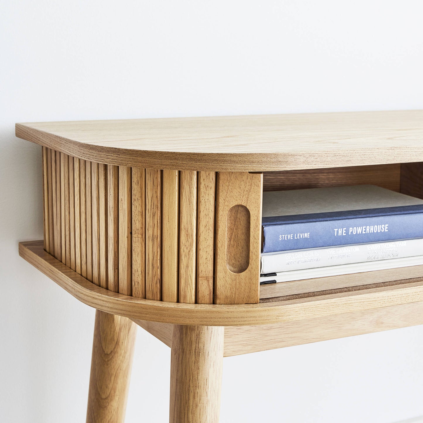 Solid Wood Console Table with Slatted Sides & Open Shelf