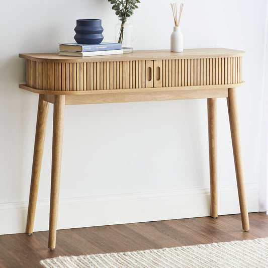 Solid Wood Console Table with Slatted Sides & Open Shelf