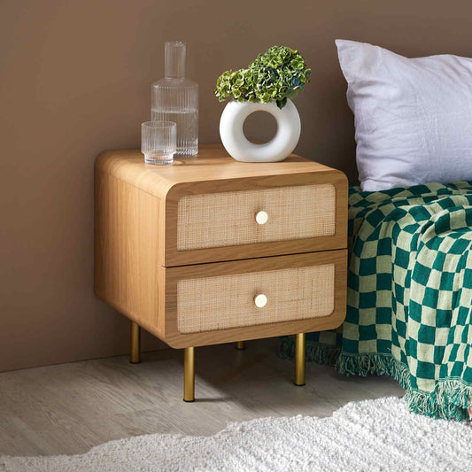 Wooden Bedside Table with Rattan Drawer in Natural Finish