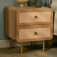 Wooden Bedside Table with Rattan Drawer in Natural Finish