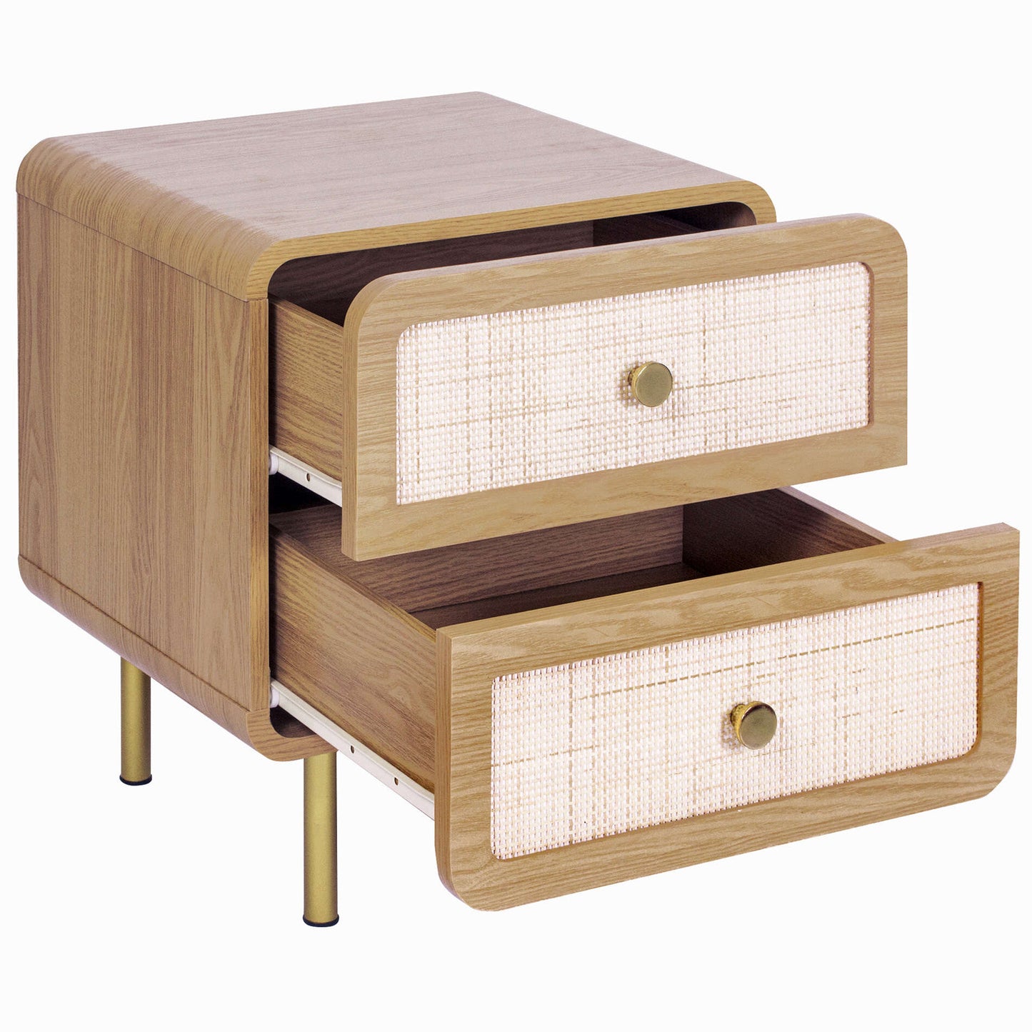 Wooden Bedside Table with Rattan Drawer in Natural Finish