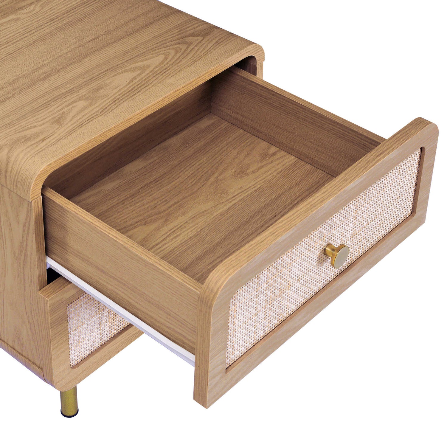 Wooden Bedside Table with Rattan Drawer in Natural Finish