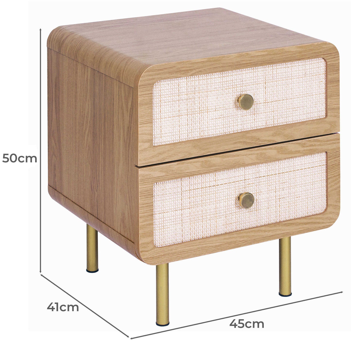 Wooden Bedside Table with Rattan Drawer in Natural Finish