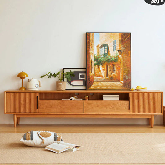 Solid Wood TV Cabinet with Storage for Living Storage in Natural Oak Finish