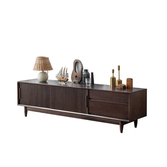 Solid Wood TV Cabinet with Storage for Living Storage in Dark Walnut Finish