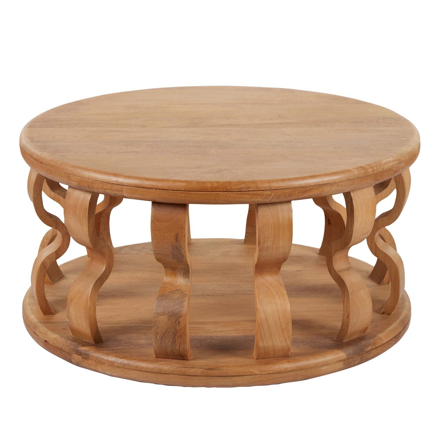 Wooden Round Coffee Table with Curved Pedestal Base