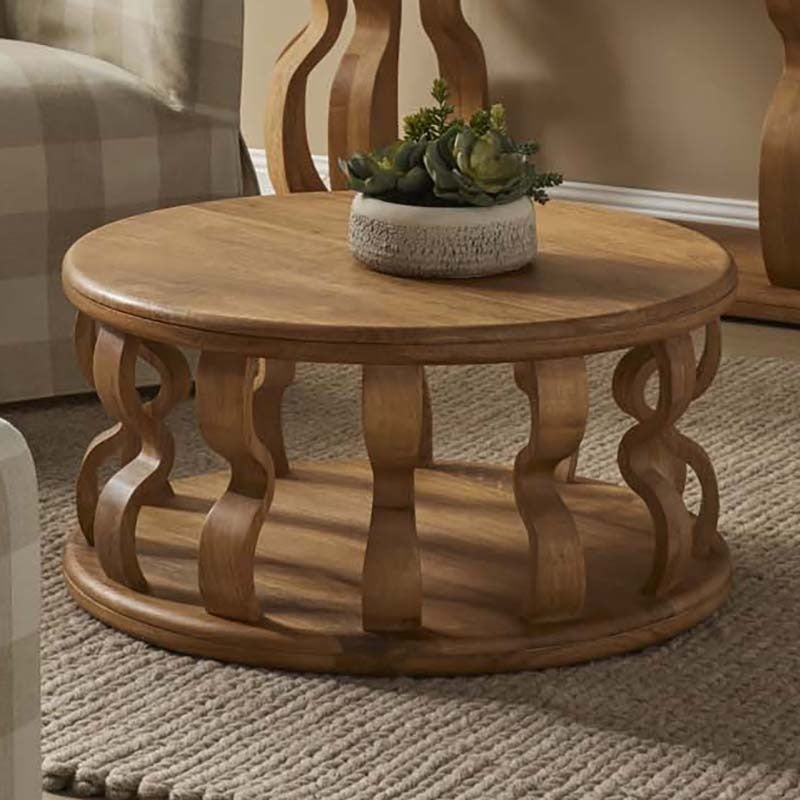 Wooden Round Coffee Table with Curved Pedestal Base