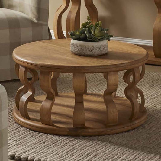 Wooden Round Coffee Table with Curved Pedestal Base