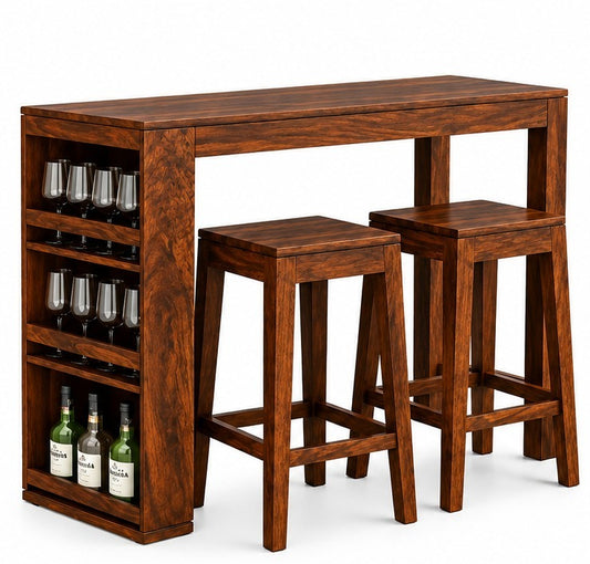 Solid Wood Long 2-Seater Bar Table with 3 Open Shelf Storage Sets for Bar Furniture