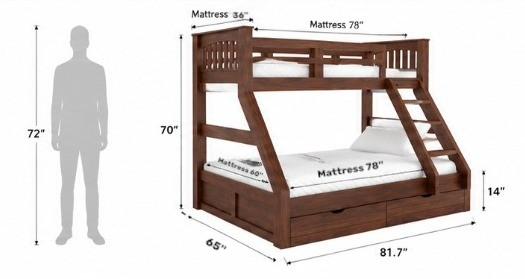 Wooden Loft Bunk Bed with Double Bed & Storage Drawers