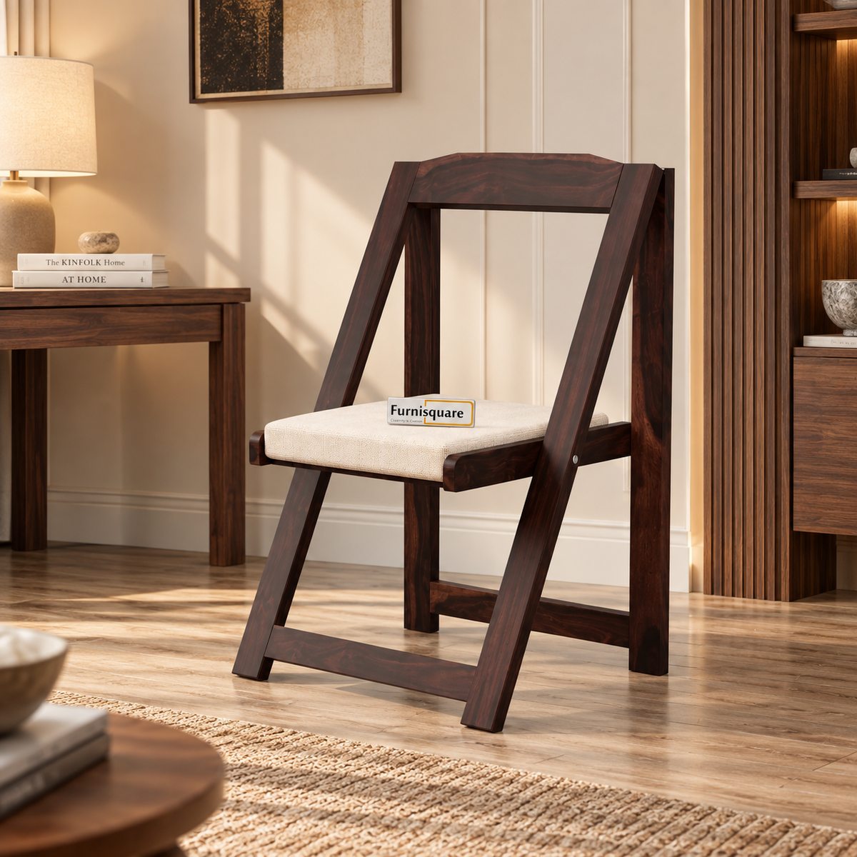 Wooden Folding Chair with Cushioned Seat for Living Room