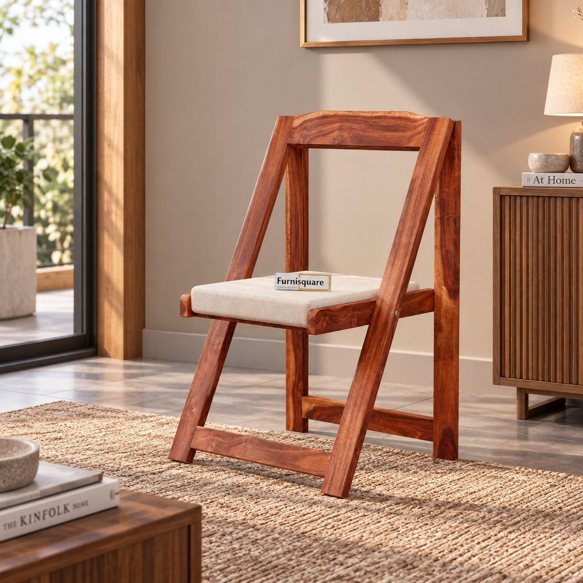 Wooden Folding Chair with Cushioned Seat for Living Room
